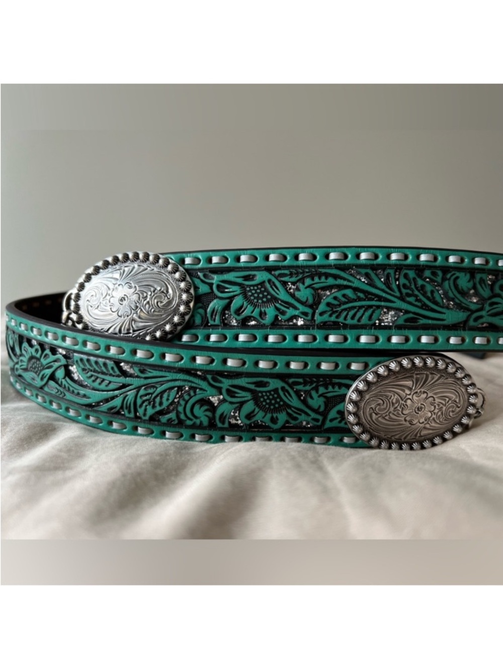 Nocona Turquoise Floral Tooled Leather Belt with Silver Conchos
